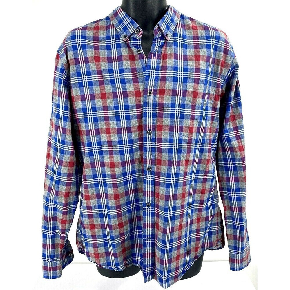 VINCE Mens Button Front Shirt Blue Red Plaid Cotton Long Sleeve SZ XL